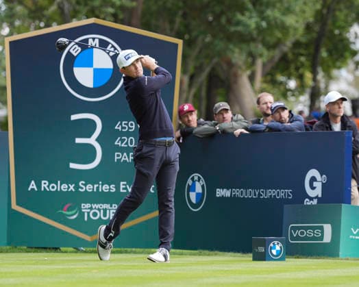 VIRGINIA WATER, ENGLAND - SEPTEMBER 17: Joel Girrbach (SUI) plays from the third tee during Round 1 at the BMW PGA, Golf Herren Championship at Wentworth Golf Club, Virginia Water on September 17, 2026 in Surrey, England The BMW PGA Championship