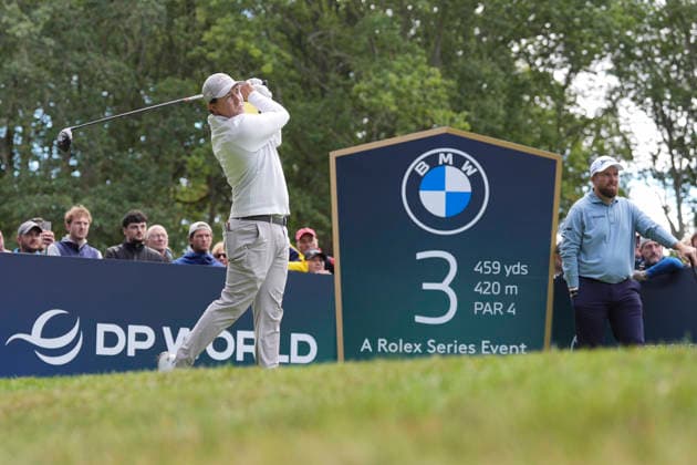 VIRGINIA WATER, ENGLAND - SEPTEMBER 17: Matt Fitzpatrick (ENG) plays from the third tee during Round 1 at the BMW PGA, Golf Herren Championship at Wentworth Golf Club, Virginia Water on September 17, 2026 in Surrey, England The BMW PGA Championship