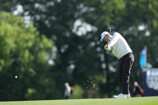VIRGINIA WATER, ENGLAND - SEPTEMBER 17: Bernd Wiesberger (AUT) plays from the first fairway during Round 1 at the BMW PGA, Golf Herren Championship at Wentworth Golf Club, Virginia Water on September 17, 2026 in Surrey, England The BMW PGA Championship