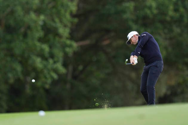 VIRGINIA WATER, ENGLAND - SEPTEMBER 17: Joel Girrbach (SUI) plays from the first fairway during Round 1 at the BMW PGA, Golf Herren Championship at Wentworth Golf Club, Virginia Water on September 17, 2026 in Surrey, England The BMW PGA Championship