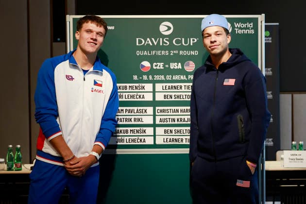 From left Czech tennis player Jakub Mensik and Learner Tien of USA pose for photographers during the press conference, PK, Pressekonferenz ahead of the 2026 Davis Cup Men s World Team Tennis Championship match against the U.S., in Prague, Czech Republic, September 17, 2026. (CTKxPhoto PavelxLebeda) CTKPhotoF202609170022101  CTKPhotoF202609170022101