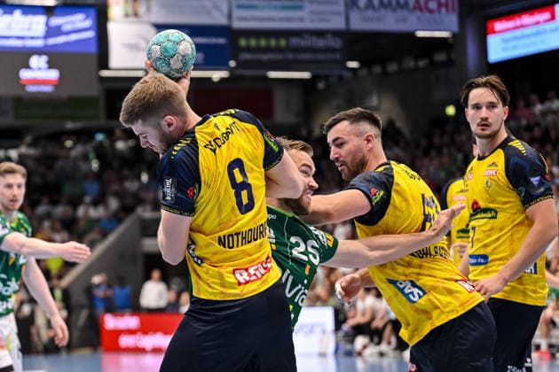 Göppingen, Germany, September 17, 2026 Tim Nothdurft Rhein Neckar Löwen, Ludvig Jurmala of FRISCH AUF Goeppingen and Jannik Kohlbacher of Rhein Neckar Löwen in a one-on-one battle during the Opel Handball Bundesliga match between FRISCH AUF Goeppingen and Rhein Neckar Löwen at the EWS Arena on September 17, 2026, in Göppingen, Germany. Photo by Harry Langer, DeFodi Images. Göppingen, Germany, September 17, 2026. Tim Nothdurft of Rhein-Neckar Löwen, Ludvig Jurmala of FRISCH AUF Göppingen and Jannik Kohlbacher of Rhein Neckar Löwen battle for the ball during the Opel Handball Bundesliga match between FRISCH AUF Göppingen and Rhein Neckar Löwen at the EWS Arena on September 17, 2026 in Göppingen, Germany. Photo by Harry Langer, DeFodi Images. Photo by Harry Langer, DeFodi Images.