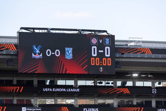 LONDON, UNITED KINGDOM - SEPTEMBER 17: scoreboard during the UEFA Europa League 2026 27 League Phase MD1 match between Crystal Palace FC and Lech Poznan at Selhurst Park Stadium on September 17, 2026 in London, United Kingdom --- Pilka nozna. Liga Europy 2026 27 faza ligowa. Mecz Crystal Palace - Lech poznan (Photo by Igor Jakubowski Arena Akcji) NEWSPIX.PL --- newspix.pl 