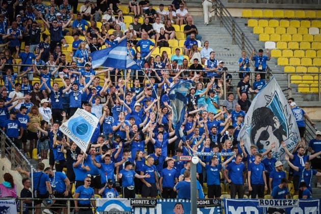 UEFA Europa League - OFI Crete FC vs TSG 1899 Hoffenheim - Fans of TSG 1899 Hoffenheim react during the UEFA Europa League Phase matchday 1 soccer match between OFI Crete FC and TSG 1899 Hoffenheim at the Georgios Pankritio Stadium, in Heraklion, Greece, 17 September 2026. IMAGO ONE INCH PRODUCTIONS PIRAEUS GREECE Copyright: xONExINCHxPRODUCTIONSx 7090071
