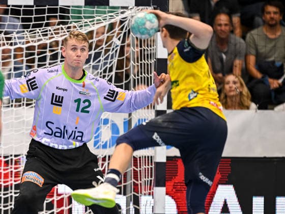 Göppingen, Germany, September 17, 2026: Goalkeeper Kristian Savers of FRISCH AUF Goeppingen and Marius Steinhauser of Rhein Neckar Loewen in a one-on-one battle during the Opel Handball Bundesliga match between FRISCH AUF Goeppingen and Rhein Neckar Loewen at the EWS Arena on September 17, 2026, in Göppingen, Germany. Photo by Harry Langer, DeFodi Images. Göppingen, Germany, September 17, 2026: Goalkeeper Kristian Savers of FRISCH AUF Goeppingen and Marius Steinhauser of Rhein Neckar Löwen battle for the ball during the Opel Handball Bundesliga match between FRISCH AUF Goeppingen and Rhein Neckar Löwen at the EWS Arena on September 17, 2026 in Göppingen, Germany Photo by Harry Langer, DeFodi Images Photo by Harry Langer, DeFodi Images