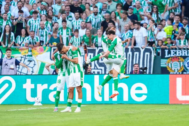 September 17, 2026, Sevilla, Sevilla, Spain: Abde Ezzalzouli of Real Betis Balompie celebrates after scoring his team s first goal with teammate Antony during the Spanish league, LaLiga EA Sports, football match played between Real Betis and Getafe CF at La Cartuja stadium on September 17, 2026, in Sevilla, Spain. Sevilla Spain - ZUMAa181 20260917_zaa_a181_047 Copyright: xJoaquinxCorcherox