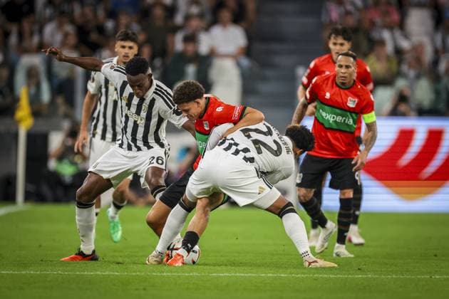 TURIN , 17-09-2026 , Allianz Stadium , season 2026 2027 , Europa League phase , match between Juventus and NEC Nijmegen , picture shows Juventus player Jhon Lucumi, NEC player Clement Bischoff, Juventus player Weston McKennie, NEC player Tjaronn Chery Juventus - NEC  x207186606x Copyright: