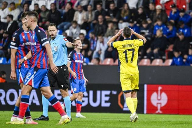 Union s Rob Schoofs reacts during a soccer game between Czech FC Viktoria Plzen and Belgian Royale Union Saint-Gilloise, Thursday 17 September 2026 in Plzen, Czech Republic, on the first day (out of 8) in the league phase of the UEFA Europa League competition. TOM GOYVAERTS TomxGoyvaerts  x186776931x