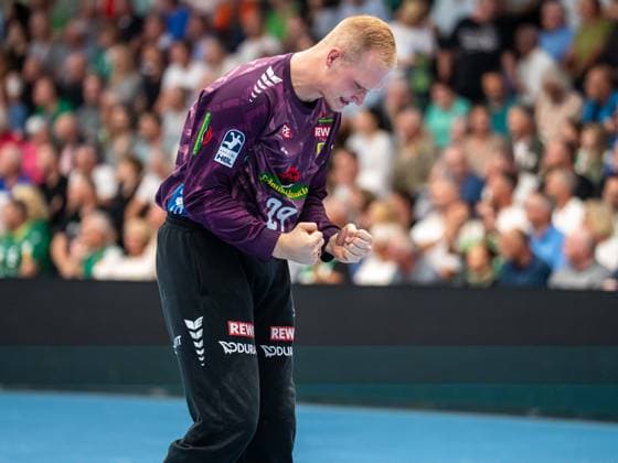 David Spaeth of Rhein Neckar Löwen, 29, celebrates; Frisch Auf Göppingen vs. Rhein Neckar Löwen, Handball, 1st Bundesliga, Men s, 2026–2027 season, September 17, 2026, Frisch Auf Göppingen vs. Rhein Neckar Löwen, Handball, 1st Bundesliga, Men, 2026–2027 season, September 17, 2026, Göppingen Copyright: xEibner-Pressefoto MichaelxSchmidx EP_MST
