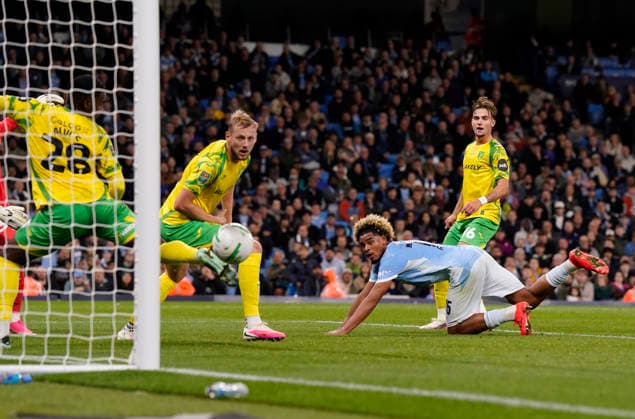 Manchester, England, 17th September 2026. Floyd Samba of Manchester City heads the first goal on his debut during the Manchester City vs Norwich City Carabao Cup match at the Etihad Stadium, Manchester. Picture credit should read: Andrew Yates Sportimage EDITORIAL USE ONLY. No use with unauthorised audio, video, data, fixture lists, club league logos or live services. Online in-match use limited to 120 images, no video emulation. No use in betting, games or single club league player publications. SPI_038_AY_Man_City_Norwich SPI-5003-0038