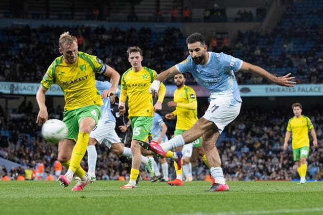 Manchester City v Norwich City Carabao Cup Rayan AÃ¯t-Nouri of Manchester City with a strike on goal during the Carabao Cup Third Round match between Manchester City and Norwich City at the Etihad Stadium, Manchester. 17 09 2026 Commissioned for use in Newsquest Norfolk titles only. All other titles fees apply. UK Newspapers OUT Copyright: xMattxWilkinsonx FIL-23950-0093