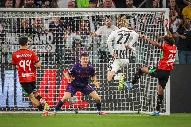 TURIN , 17-09-2026 , Allianz Stadium , season 2026 2027 , Europa League phase , match between Juventus and NEC Nijmegen , picture shows Juventus player Nick Woltemade and NEC player Noe Lebreton, NEC player Clement Bischoff Juventus - NEC  x207186812x Copyright: