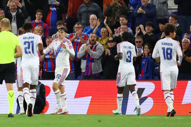 London, England, 17th September 2026. Jorgen Strand Larsen of Crystal Palace celebrates after scoring to make it 3-0 during the Crystal Palace vs KKS Lech Poznan UEFA Conference League match at Selhurst Park, London. Picture credit should read: Paul Terry Sportimage EDITORIAL USE ONLY. No use with unauthorised audio, video, data, fixture lists, club league logos or live services. Online in-match use limited to 120 images, no video emulation. No use in betting, games or single club league player publications. SPI_024_PT_Palace_Lech_Poznan SPI-5004-0024