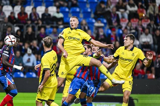 Union s Ondrej Kricfalusi scores a goal during a soccer game between Czech FC Viktoria Plzen and Belgian Royale Union Saint-Gilloise, Thursday 17 September 2026 in Plzen, Czech Republic, on the first day (out of 8) in the league phase of the UEFA Europa League competition. TOM GOYVAERTS TomxGoyvaerts  x186780739x