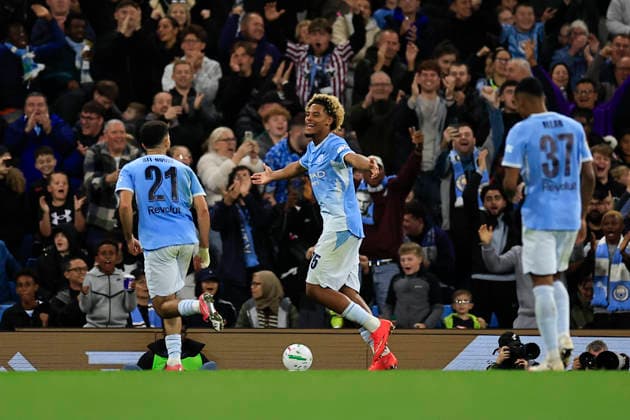 Manchester City v Norwich City, EFL Cup Floyd Samba (75) of Manchester City celebrates scoring to make it 4-0 during the EFL Cup match between Manchester City and Norwich City at the Etihad Stadium, Manchester, UK on 17 September 2026. Manchester Etihad Stadium Manchester UK Editorial use only DataCo restrictions apply See www.football-dataco.com , Copyright: xConorxMolloyx PSI-24893-0048