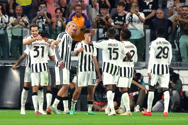 2026-09-17 Juventus v NEC Nijmegen - UEFA Europa League 2026 27 League Phase MD1 TURIN, ITALY - SEPTEMBER 17: Kerim Alajbegovic of Juventus celebrates 2-0 with Federico Gatti of Juventus, Nicolas Gonzalez of Juventus, Nick Woltemade of Juventus, Pierre Kalulu of Juventus, Weston McKennie of Juventus, Pape Sarr of Juventus during the UEFA Europa League 2026 27 League Phase MD1 match between Juventus and NEC Nijmegen at Juventus Stadium on September 17, 2026 in Turin, Italy. (Photo by Nderim Kaceli BSR Agency) Turin Italy Content not available for redistribution in The Netherlands directly or indirectly through any third parties. Copyright: xBSRxAgencyx