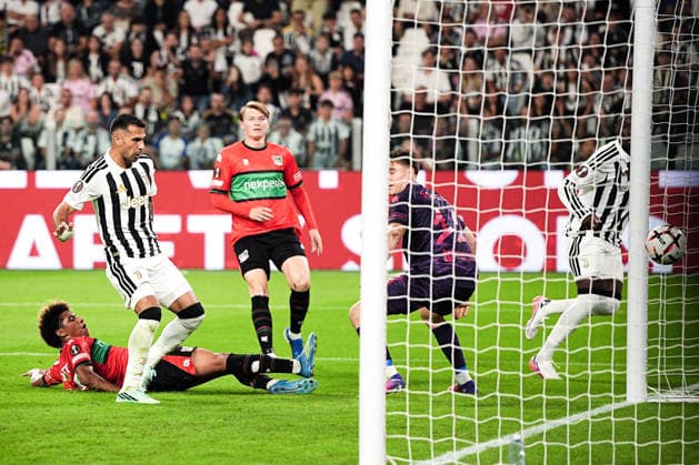 Juventus s Zeki Celik score his goal during the Uefa Europa League soccer match, between Juventus and NEC at the Allianz Stadium in Turin, north west Italy - Thursday, September 17, 2026. - Soccer  Copyright: xMarcoxAlpozzi LaPressex