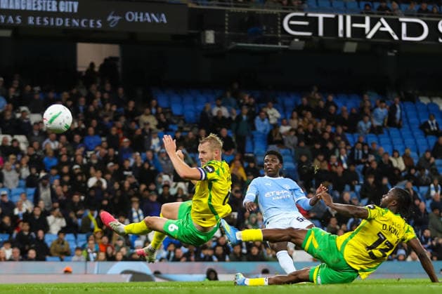 Manchester City v Norwich City, Carabao Cup Ryan McAidoo Of Manchester City scores a GOAL 5-0 during the Manchester City v Norwich City Carabao Cup 3rd Round match at the Etihad Stadium, Manchester, England on 17 September 2026 Credit: Lee Keuneke Every Second Media Editorial use only. All images are copyright Every Second Media Limited. No images may be reproduced without prior permission. All rights reserved. Premier League and Football League images are subject to licensing agreements with Football DataCo Limited. see https: www.football-dataco.com Copyright: xIMAGO EveryxSecondxMediax ESM-2168-0062 LeexKeunekex xEveryxSecondxMediax