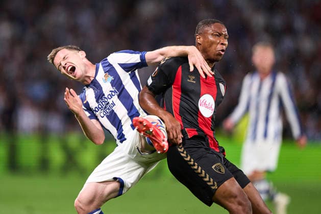 Real Sociedad de Futbol v AFC Bournemouth - UEFA Europa League 2026 27 League Phase MD1 Rayan Vitor of AFC Bournemouth and Sergio Gomez of Real Sociedad in action during the UEFA Europa League 2026 27 Phase MD1 match between Real Sociedad and AFC Bournemouth at Estadio Anoeta in San Sebastian, Spain, on September 17, 2026. San Sebastian Spain  Copyright: xCesarxOrtizxGonzalezx originalFilename:ortizgonzalez-realsoci260917_np2Yr.jpg
