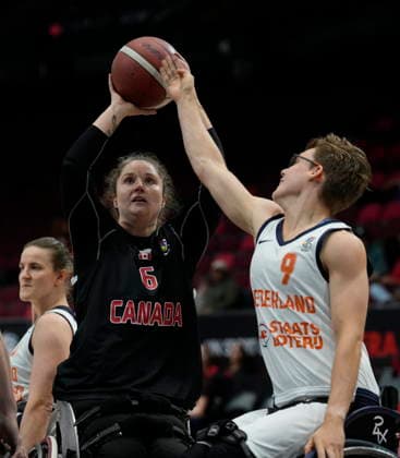 September 17, 2026, Ottawa, On, Canada: Canada s Arinn Young (6) attempts a shot against Netherlands Bo Kramer (9) during second half IWBF Wheelchair Basketball World Championships semifinal action in Ottawa, Thursday, Sept. 17, 2026. Canada News - September 17, 2026  - ZUMAc35_ 20260917_zaf_c35_141 Copyright: xAdrianxWyldx