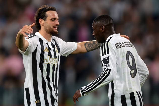 Juventus v NEC Nijmegen - UEFA Europa League - Season 2026-2027 Turin, Italy, 17th September 2026. Federico Gatti of Juventus embraces team mate Randal Kolo Muani after the striker scored to give the hosts a 5-0 lead during the Juventus vs NEC Nijmegen UEFA Europa League, Group Phase, match at Juventus Stadium, Turin. Picture credit should read: Jonathan Moscrop Turin Juventus Stadium Italy