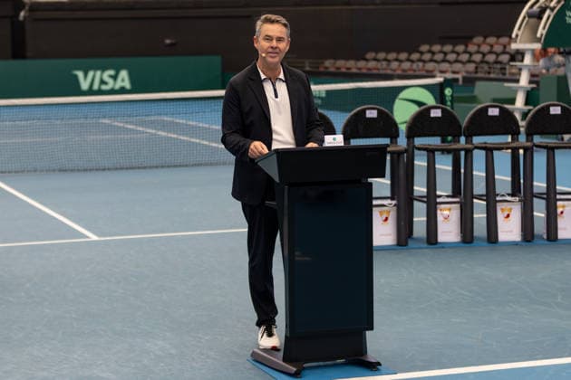 TENNIS DAVIS CUP DRAW, Todd Woodbridge addresses the media during a Davis Cup draw event at Pat Rafter Arena, Brisbane, Friday, September 18, 2026. ( NO ARCHIVING  Copyright: xRUSSELLxFREEMANx 20260918112629282038