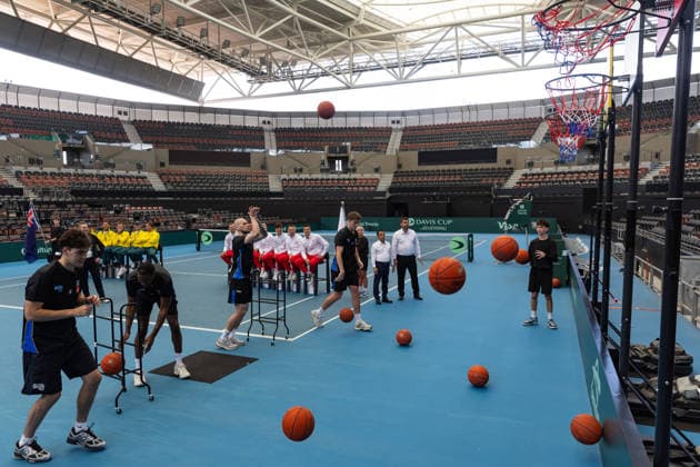 TENNIS DAVIS CUP DRAW, Max Mackinnon, Jaylin Williams, Arnas Velicka and Harry Rouhliadeff of the Brisbane Bullets are seen during a Davis Cup draw event at Pat Rafter Arena, Brisbane, Friday, September 18, 2026. ( NO ARCHIVING  Copyright: xRUSSELLxFREEMANx 20260918162759120055