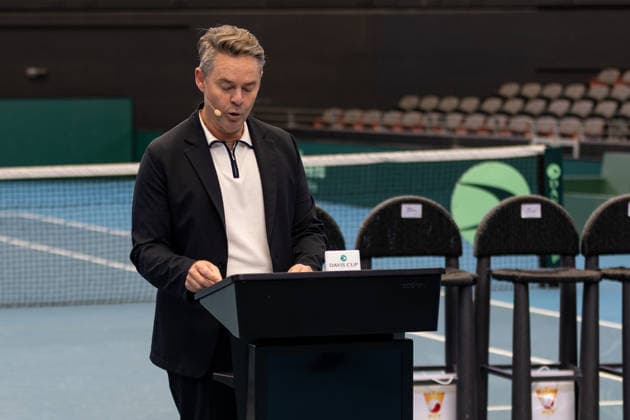 TENNIS DAVIS CUP DRAW, Todd Woodbridge addresses the media during a Davis Cup draw event at Pat Rafter Arena, Brisbane, Friday, September 18, 2026. ( NO ARCHIVING  Copyright: xRUSSELLxFREEMANx 20260918145538798620