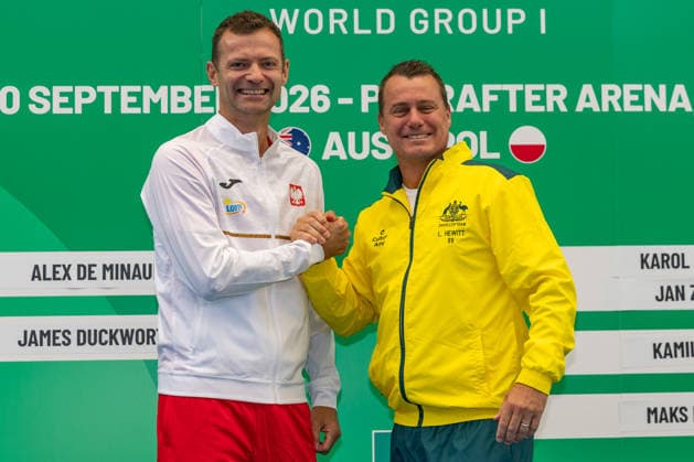 TENNIS DAVIS CUP DRAW, Team Poland captain Mariusz Fyrstenberg and Team Australia captain Lleyton Hewitt pose for a photo during a Davis Cup draw event at Pat Rafter Arena, Brisbane, Friday, September 18, 2026. ( NO ARCHIVING  Copyright: xRUSSELLxFREEMANx 20260918131670612851