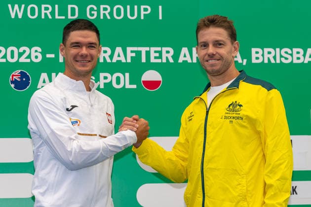 TENNIS DAVIS CUP DRAW, Kamil Majchrzak and James Duckworth pose for a photo during a Davis Cup draw event at Pat Rafter Arena, Brisbane, Friday, September 18, 2026. ( NO ARCHIVING  Copyright: xRUSSELLxFREEMANx 20260918127162503080