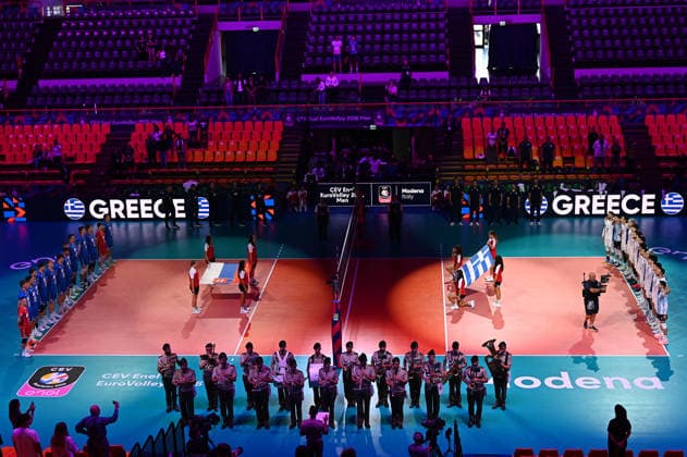 VOLLEYBALL - CEV Eurovolley Men - Slovakia vs. Greece Photo by IPA ABACAPRESS.COM88642387 - Teams lining up for the national anthem Modena Italy  Copyright: xIPAxSport ABACAx
