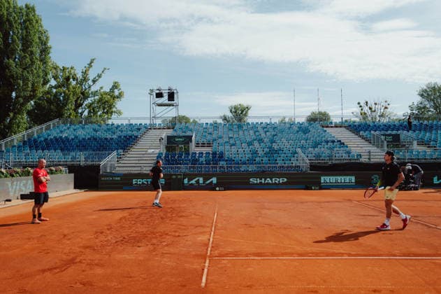 TENNIS - Davis Cup, AUT vs BEL VIENNA,AUSTRIA,18.SEP.26 - TENNIS - ITF Davis Cup, qualification round 2, Austria vs Belgium. Image shows sponsors and the team of Belgium.  GEPAxpictures xAlexanderxSolc
