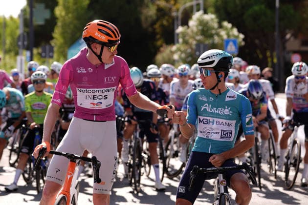 France s Dorian Godon of Netcompany Ineos cyclamen jersey and Italy s Alessandro Fancellu of MBH Bank CSB Telecom Fort biancoverdeblu jersey during the Giro d™Abruzzo, stage 4 from Silvi to Controguerra (182 km) - Abruzzo, Italy - Friday, September 18, 2026. - cycling.  Copyright: xMassimoxPaolone LaPressex