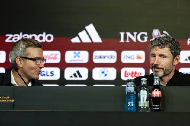Belgium s spokesman Mathieu Istace and Belgium s head coach Mark van Bommel are pictured during a press conference, PK, Pressekonferenz to announce the selection of the Red Devils, the Belgian national soccer team, at the national training center in Tubize, Friday 18 September 2026. The team is preparing for fixtures in the UEFA Nations League competition. BRUNOxFAHY  x186843509x