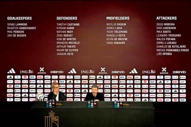 Belgian National Football team squad, Mannschaftsbild, Totale Announcement 18 09 2026 TUBEKE, BELGIUM - SEPTEMBER 18 : Istace Mathieu, press officer and Mark Van Bommel federal head coach of the Belgian National football team speaking to the press during a press conference, PK, Pressekonferenz to announce his player selection to compete in the UEFA Nation League on September 18, 2026 in Tubeke, Belgium, 18 09 2026 Tubeke Belgium  Copyright: xSesx