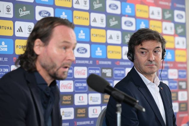 The press conference, PK, Pressekonferenz of the Czech national soccer team and the Under-21 team regarding the roster for the September and October matches, was held in Prague, Czech Republic, on September 18, 2026. On the photo are seen, from letf, general manager of the national soccer teams Pavel Nedved and head coach of the national team, Nationalteam Santi Denia. (CTKxPhoto KaterinaxSulova) CTKPhotoP2026091803586  CTKPhotoP2026091803586
