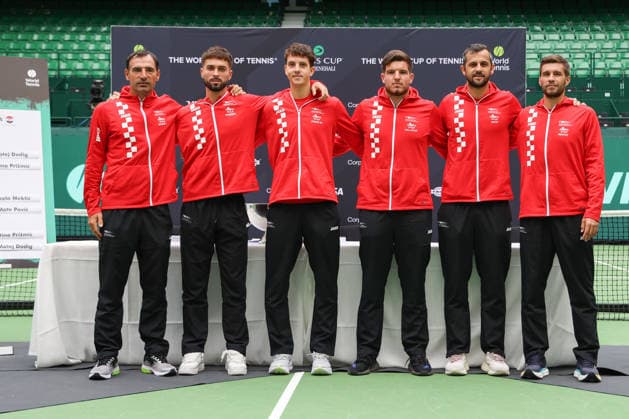 Davis Cup Draw Ceremony: Germany vs. Croatia, Heristo Arena, Halle Westf, Germany; Team Croatia: Captain Ivan Dodig, Dino Prizmic, Matej Dodig, Mili Poljicak, Mate Pavic, Nikola Mektic Copyright: xJuergenxHasenkopfx