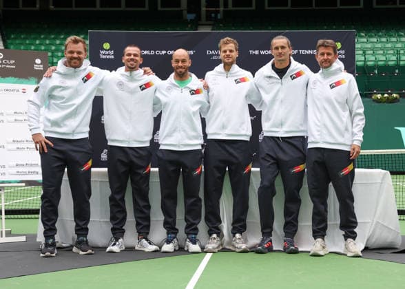 Davis Cup Draw Ceremony: Germany vs. Croatia, Team Germany (from left to right): Kevin Krawietz, Daniel Altmaier, Tim Puetz, Yannick Hanfmann, Alexander Zverev, Captain Michael Kohlmann, Heristo Arena, Halle Westf, Germany Copyright: xJuergenxHasenkopfx