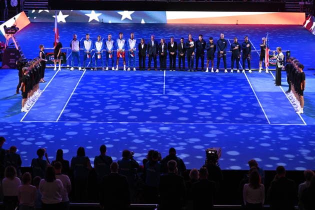 A group photo of the Czech, left, and US teams posing prior to the 2026 Davis Cup men s team tennis World Championship, WM, Weltmeisterschaft match between the Czech Republic and the United States. From left: Adam Pavlasek, Patrik Rikl, Vit Kopriva, Jiri Lehecka, Jakub Mensik and non-playing captain Tomas Berdych, in Prague, Czech Republic, on September 18, 2026. (CTKxPhoto MichalxKamaryt) CTKPhotoP2026091805241 CTKPhotoP2026091805241