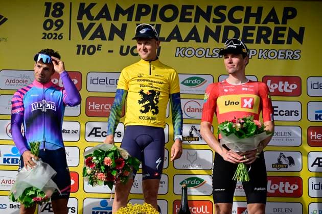 Kampioenschap van Vlaanderen 2026 Cycling Race KOOLSKAMP, BELGIUM - SEPTEMBER 18 : Groenewegen Dylan (NED) of Unibet Rose Rockets, Merlier Tim (BEL) of Soudal Quick-Step and Waerenskjold Soren (NOR) of Uno-X Mobility pictured during the podium ceremony of the 110th edition of Kampioenschap van Vlaanderen an UCI Class 1.1 one day cycling road race for Men Elite of km with start in Koolskamp and finish in Koolskamp on September 18, 2026 in Koolskamp, Belgium, 18 09 2026 Koolskamp Belgium  Copyright: xJanxDexMeuleneirx