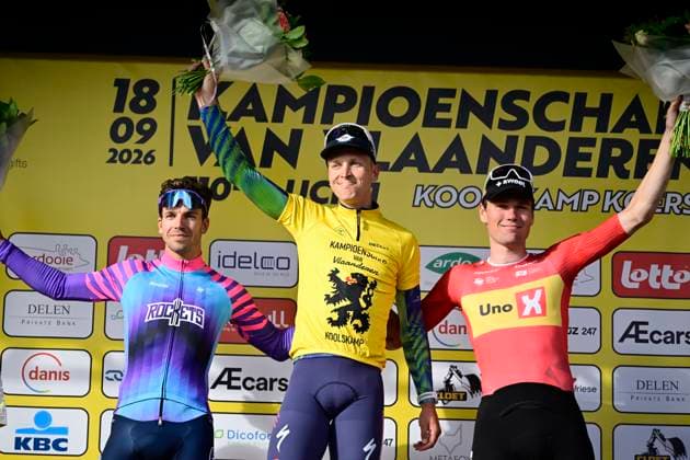 Kampioenschap van Vlaanderen 2026 Cycling Race KOOLSKAMP, BELGIUM - SEPTEMBER 18 : Groenewegen Dylan (NED) of Unibet Rose Rockets, Merlier Tim (BEL) of Soudal Quick-Step and Waerenskjold Soren (NOR) of Uno-X Mobility pictured during the podium ceremony of the 110th edition of Kampioenschap van Vlaanderen an UCI Class 1.1 one day cycling road race for Men Elite of km with start in Koolskamp and finish in Koolskamp on September 18, 2026 in Koolskamp, Belgium, 18 09 2026 Koolskamp Belgium  Copyright: xJanxDexMeuleneirx