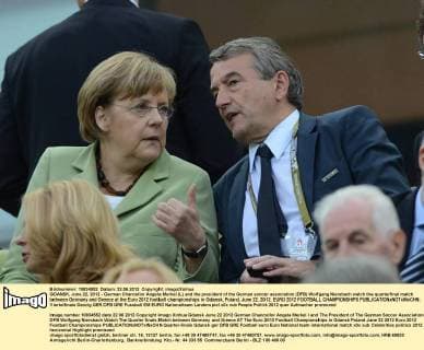 Football, EURO 2012, Angela Merkel, Michel Platini, Wolfgang Niersbach, Walesa a.o. on the tribune
