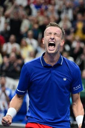 Jiri Lehecka (CZE) reacts in the game against Ben Shelton (USA) of the 2026 Davis Cup men s team tennis World Championship, WM, Weltmeisterschaft match between the Czech Republic and the United States, in Prague, Czech Republic, on September 18, 2026. (CTKxPhoto MichalxKamaryt) CTKPhotoP2026091806813  CTKPhotoP2026091806813