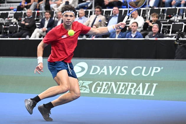 Ben Shelton (USA), photo, playes against Jiri Lehecka (CZE) in their game of the 2026 Davis Cup men s team tennis World Championship, WM, Weltmeisterschaft match between the Czech Republic and the United States, in Prague, Czech Republic, on September 18, 2026. (CTKxPhoto MichalxKamaryt) CTKPhotoP2026091806832  CTKPhotoP2026091806832