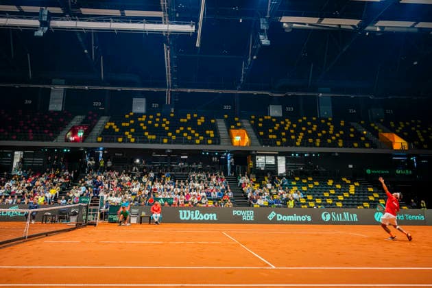 Davis Cup, Norway vs. China, Trondheim, September 18, 2026. There are many empty seats in the stands during the Davis Cup match between Norway and China at Trondheim Spektrum on Friday evening. Photo: Ole Martin Wold, NTB, Trondheim, Norway. EDITORIAL USE ONLY. RESTRICTED USE FOR BETTING COMPANIES.  Copyright: xOlexMartinxWoldx xNTBx
