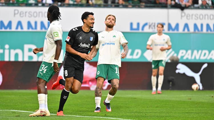 September 18, 2026 Soccer Season 2026–2027, Bundesliga 2, Matchday 6: SpVgg Greuther Fürth vs. Kleeblatt FC Magdeburg, FCM Sports Photo by Zink MeZi xmexzix. DFL regulations prohibit any use of photographs as image sequences and or quasi-video; for editorial use only. Goal celebration, jubilation, joy after scoring; goal; shot on goal for the 0–1 by Immanuel Iyoha in the 8th minute, FC Magdeburg