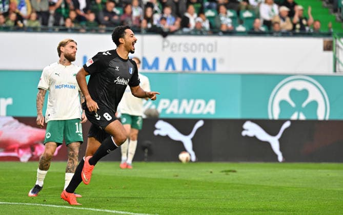 September 18, 2026 Soccer Season 2026–2027, Bundesliga 2, Matchday 6: SpVgg Greuther Fürth vs. Kleeblatt FC Magdeburg, FCM Sports Photo by Zink MeZi xmexzix. DFL regulations prohibit any use of photographs as image sequences and or quasi-video; for editorial use only. Goal celebration, jubilation, joy after scoring; goal; shot on goal for the 0–1 by Immanuel Iyoha in the 8th minute, FC Magdeburg