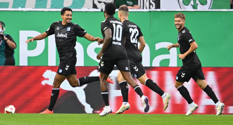 September 18, 2026 Soccer Season 2026–2027, Matchday 2, 2. Bundesliga: SpVgg Greuther Fürth vs. Kleeblatt FC Magdeburg, FCM Sports Photo by Zink xwoxzix. DFL regulations prohibit any use of photographs as image sequences and or quasi-video For editorial use only: Goal celebration, jubilation, joy after a goal; goal, shot on goal for the 0–1 lead by Immanuel Iyoha in the 8th minute, FC Magdeburg