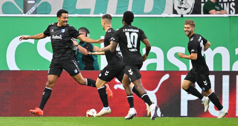 September 18, 2026 Soccer Season 2026–2027, Matchday 2, 2. Bundesliga: SpVgg Greuther Fürth vs. Kleeblatt FC Magdeburg, FCM Sports Photo by Zink xwoxzix. DFL regulations prohibit any use of photographs as image sequences and or quasi-video For editorial use only: Goal celebration, jubilation, joy after a goal; goal, shot on goal for the 0–1 lead by Immanuel Iyoha in the 8th minute, FC Magdeburg