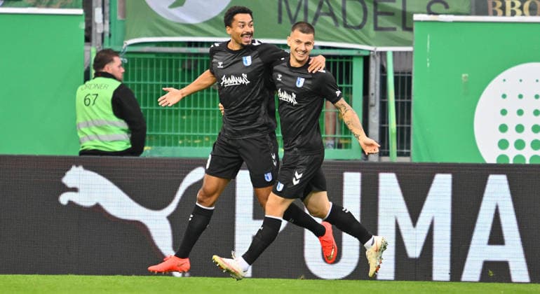 September 18, 2026 Soccer Season 2026–2027, Matchday 2, 2. Bundesliga: SpVgg Greuther Fürth vs. Kleeblatt FC Magdeburg, FCM Sports Photo by Zink xwoxzix. DFL regulations prohibit any use of photographs as image sequences and or quasi-video For editorial use only: Goal celebration, jubilation, joy after a goal; goal, shot on goal for the 0–1 lead by Immanuel Iyoha in the 8th minute, FC Magdeburg